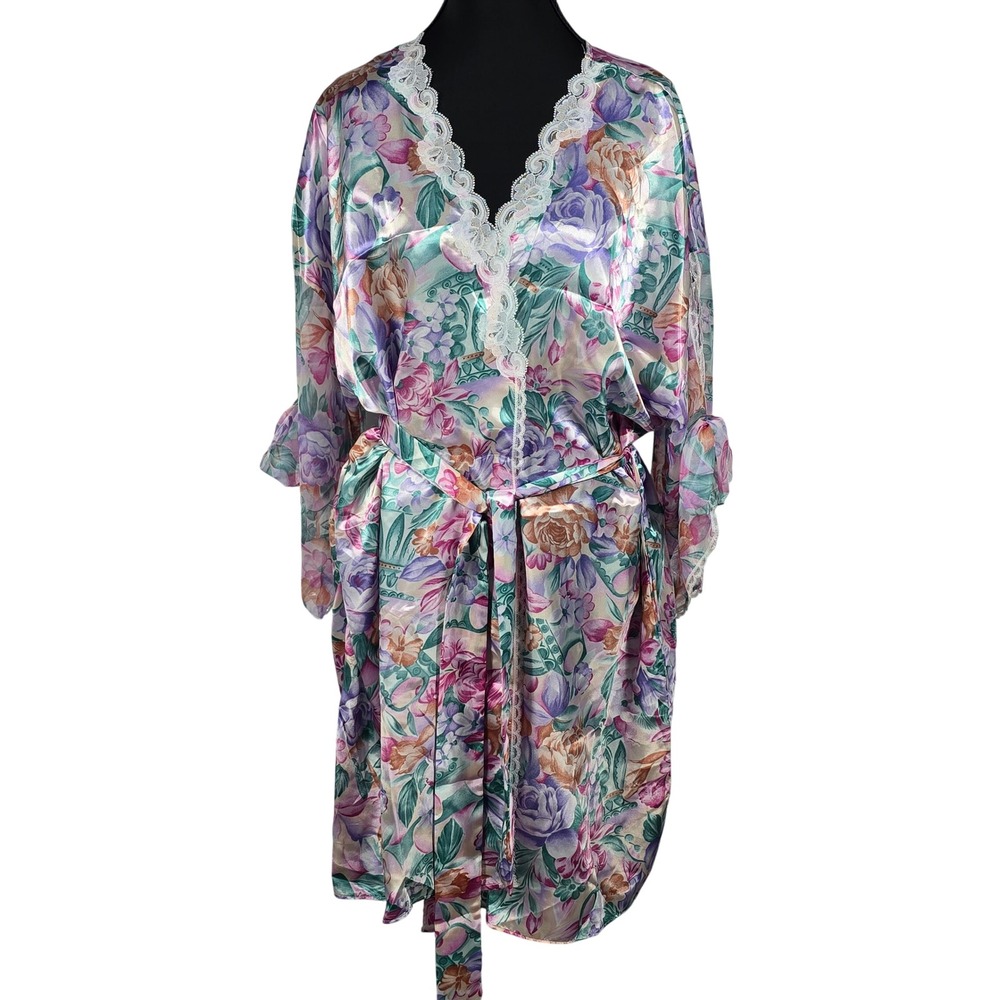 California Dynasty Vintage Floral Satin Lace Trim Robe Large Multicolor USA Made